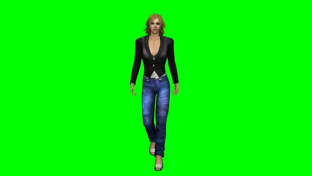  Attractive woman walks on a green screen.