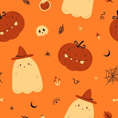 cute hand drawn seamless halloween pattern on orange background, suitable for apparel, textile, fabric, print, gift wrapping, design