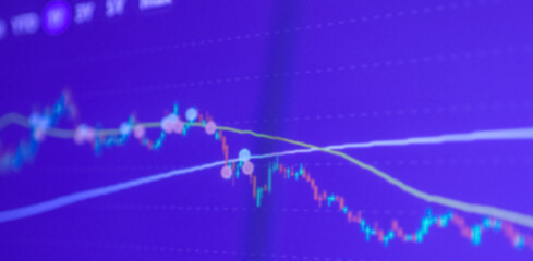 Abstract finance crisis curve purple,veri peri color background.Investment, marketing concept.Blurred background.Crisis business finance curve stock concept.Banner.