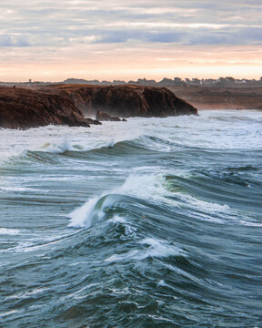 Big waves on the coast of Quiberon, winter weather on the seaside 