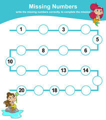 Missing numbers. Write the missing numbers correctly. Educational printable math worksheet. Vector illustration.