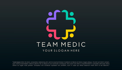 Obraz premium Cross Medical with People combination Logo Design Vector.