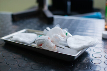 Bloody used cotton pads at the iron box. Close up view of the veterinarian clinic. Healthcare and medicine concept