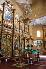 Fototapeta na wymiar Interior of Orthodox Christian church in Manyavsky monastery in Manyava Village, Ukraine 