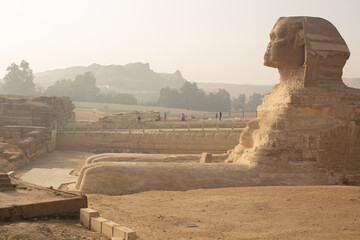 Landscape with Egyptian pyramids, Great Sphinx and silhouettes Ancient symbols and landmarks of...