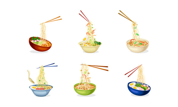 Ramen noodles with chopsticks set. Traditional Asian soup with egg, meat and vegetables served in deep bowls vector illustration