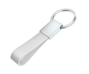 Silver keychain with white leather strap, isolated on white background