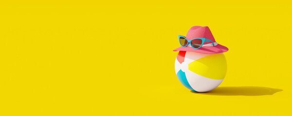 Hat with sunglasses and rubber ball on the yellow background. Summer holiday concept 3d render 3d illustration - obrazy, fototapety, plakaty
