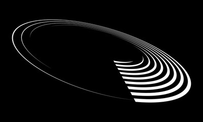 Circle with white speed lines as dynamic abstract vector background or logo or icon. Artistic illustration with perspective on black background.