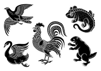 Symbolic heraldic animals and birds. Set off eagle, beaver, rooster, swan and salamander.Traditional character styles for coats of arms and shields. Clip art, elements for design Vector illustration. © Elen  Lane