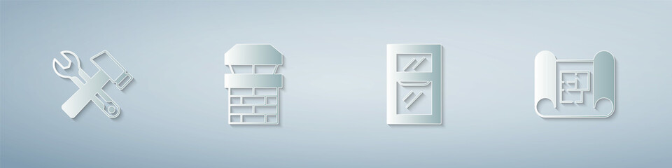 Set Hammer and wrench spanner, Chimney, Window in room and House plan. Paper art style. Vector