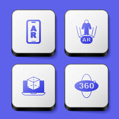 Set Augmented reality AR, 3d modeling and 360 degree view icon. White square button. Vector