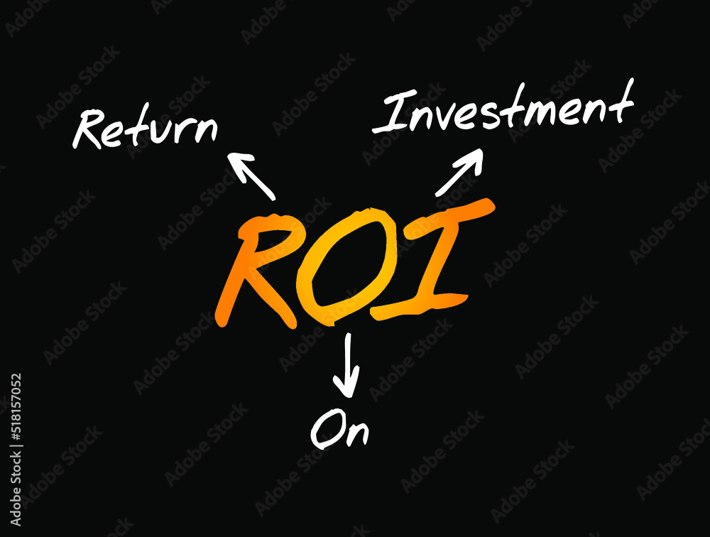 Poster roi return on investment - ratio between net income and investment costs resulting from an investmen