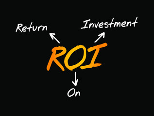 ROI Return On Investment - ratio between net income and investment costs resulting from an investment of some resources at a point in time, acronym text concept for presentations and reports