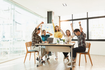 Team of Asian Start up business people working together with friends with happy action and celebrate in the modern office, happy laugh.