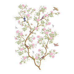 Obraz na płótnie Canvas Camellia blossom tree With sparrow, finches, butterflies, dragonflies. Clip art, element for design Vector illustration. In botanical style