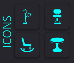 Set Round table, Floor lamp, Office chair and Armchair icon. Black square button. Vector