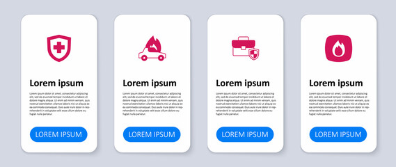 Set Fire flame, Briefcase with shield, Burning car and Life insurance. Business infographic template. Vector