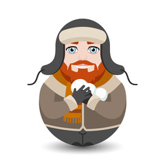 A red-bearded man is dressed in a warm hat with earflaps and a coat, holding snowballs in his hands. Modern kawaii dolls for your business project.