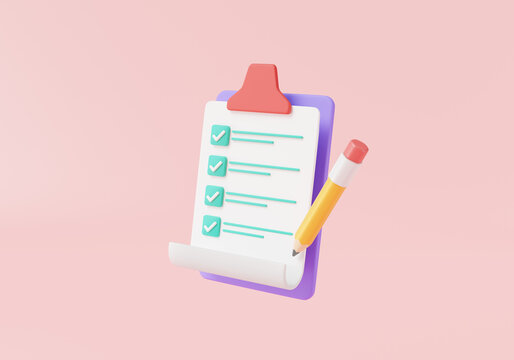 Checklist with pencil on pink background. fast checklist, Planning and organization of work, notepad, project plan, Document with check marks. 3d icon rendering illustration, cartoon minimal style