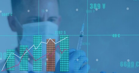 Animation of data processing over caucasian male doctor with face mask and syringe - Powered by Adobe
