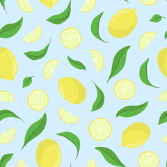 Lemons citrus fruit, slices and leaves seamless pattern
