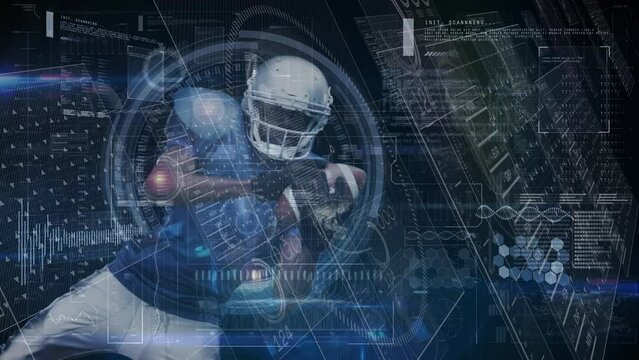 Animation of data processing over american football player on black background