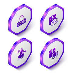 Set Isometric Hanging sign with text Closed, New collection, Auction hammer and Delivery cargo truck icon. Purple hexagon button. Vector