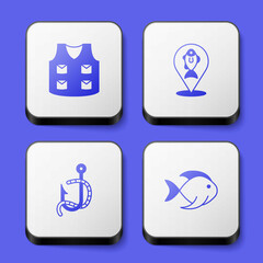 Set Fishing jacket, Location fishing, hook and worm and icon. White square button. Vector