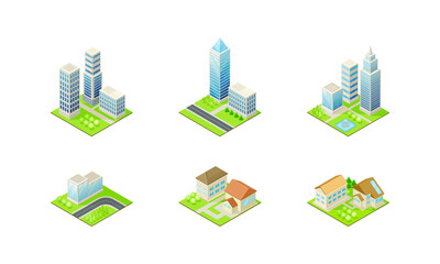 Set of modern city buildings. Private houses, skyscrapers, public buildings isometric vector illustration