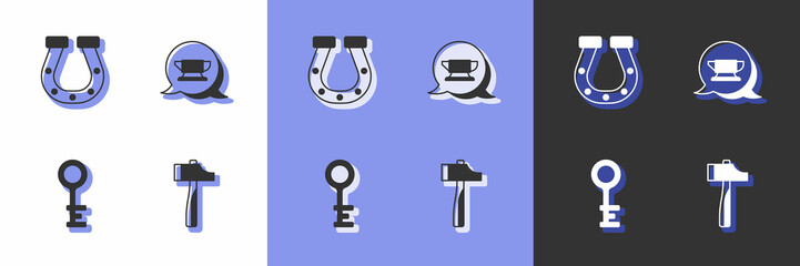 Set Hammer, Horseshoe, Old key and Blacksmith anvil tool icon. Vector