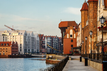Gdansk, Poland. Polish old town and Motlawa river during sunrise. Eastern Europe travel destination at Baltic sea