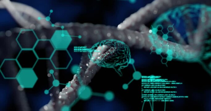 Animation of dna rotating over scientific data on black background