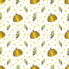 Vector autumn pattern with green pumpkins and yellow leaves on white background. Fall seamless texture design for textile, wrapping paper, packaging, web banners