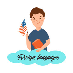 This is a cartoon boy student holding a flag in his hands at a foreign language lesson studying. School illustration