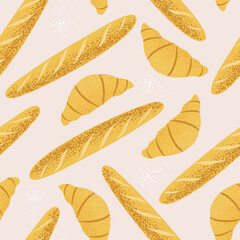 Hand drawn vector seamless pattern with baked pastry, baguettes and croissants