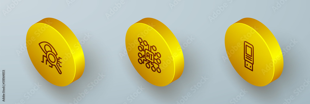 Poster set isometric line eye scan, neural network and usb flash drive icon. vector