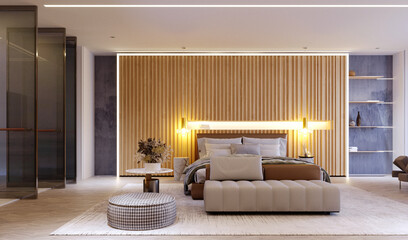 3d rendering,3d illustration, Interior Scene and  Mockup,interior render bedroom modern style,decorate the headboard.