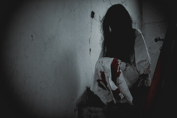 Portrait of asian woman make up ghost,Scary horror scene for background,Halloween festival...