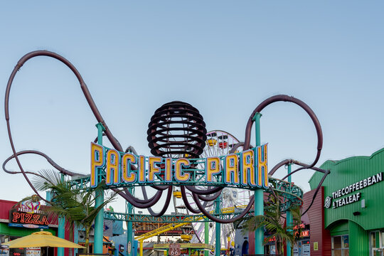 Santa Monica, California, USA - July 6, 2022: Pacific Park entrance is shown on July 6, 2022 in Santa Monica, California, USA. Pacific Park is an oceanfront amusement park.