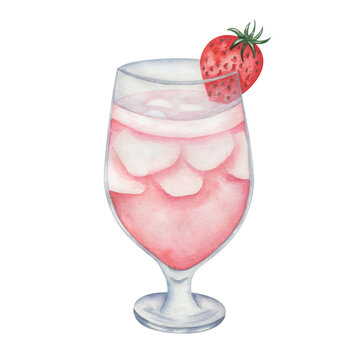 Watercolor illustration of hand painted pink cocktail in glass with red strawberry berry, cubical ice, foam. Alcohol beverage drink. Isolated on white clip art of goblet for menu in restaurant, cafe