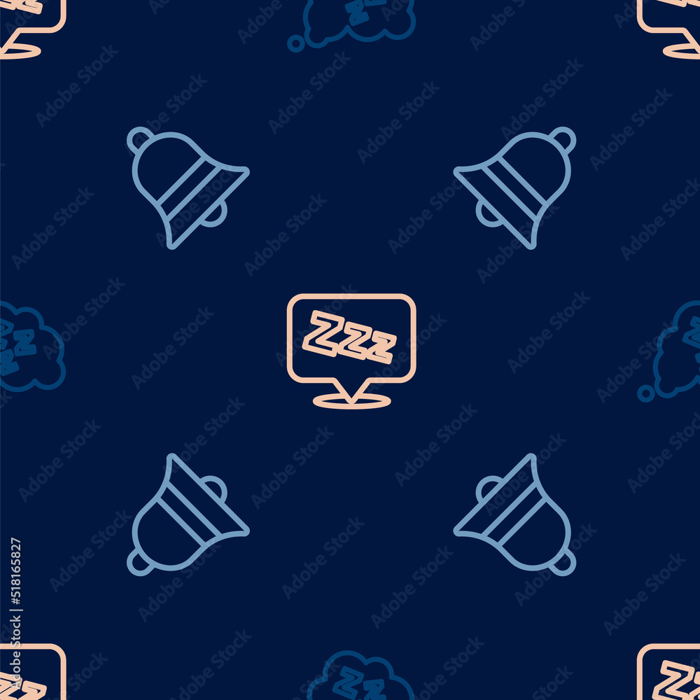 Poster set line sleepy, ringing bell and on seamless pattern. vector