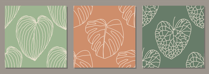 Set of trendy minimalist seamless botanical pattern with line art composition