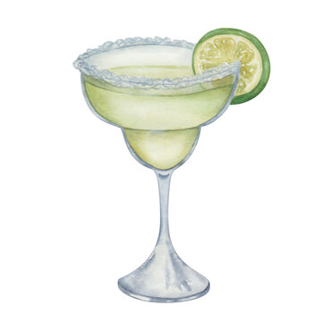 Watercolor Illustration Of Hand Painted Green Cocktail Margarita With Slice Of Lime And Salt In Matrini Glass. Alcohol Beverage Drink. Isolated On White Clip Art Of Goblet For Menu In Restaurant, Cafe