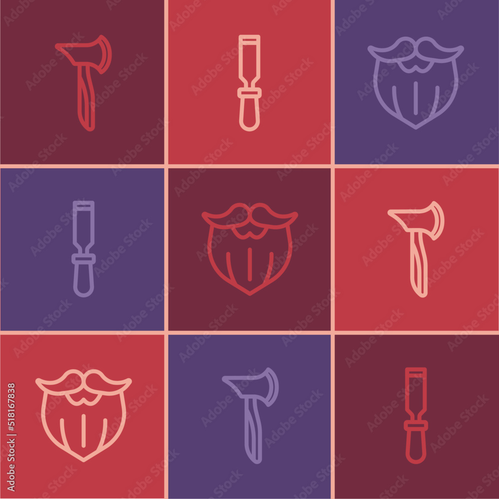 Poster set line wooden axe, mustache and beard and chisel tool icon. vector