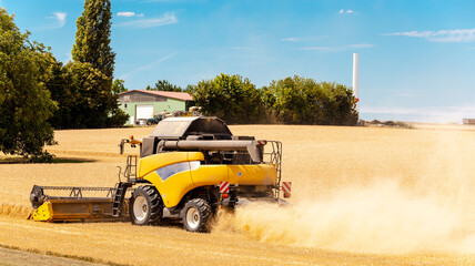 Combine harvester in action on wheat field. Process of gathering a ripe crop. Agricultural machinery.