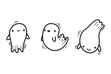 Halloween little ghost in cute kawaii sketch style. Doodle ghost. funny smiling ghosts set, spirit on white background. trick or treat stock cartoon image.