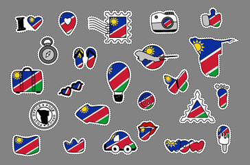 Patriotic travel stickers set in colors of national flag on white background. Namibia