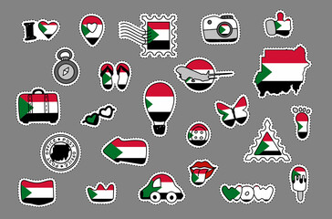 Patriotic travel stickers set in colors of national flag on white background. Sudan