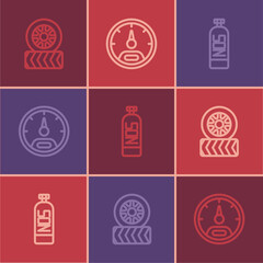 Set line Car tire wheel, Nitrous oxide and Speedometer icon. Vector
